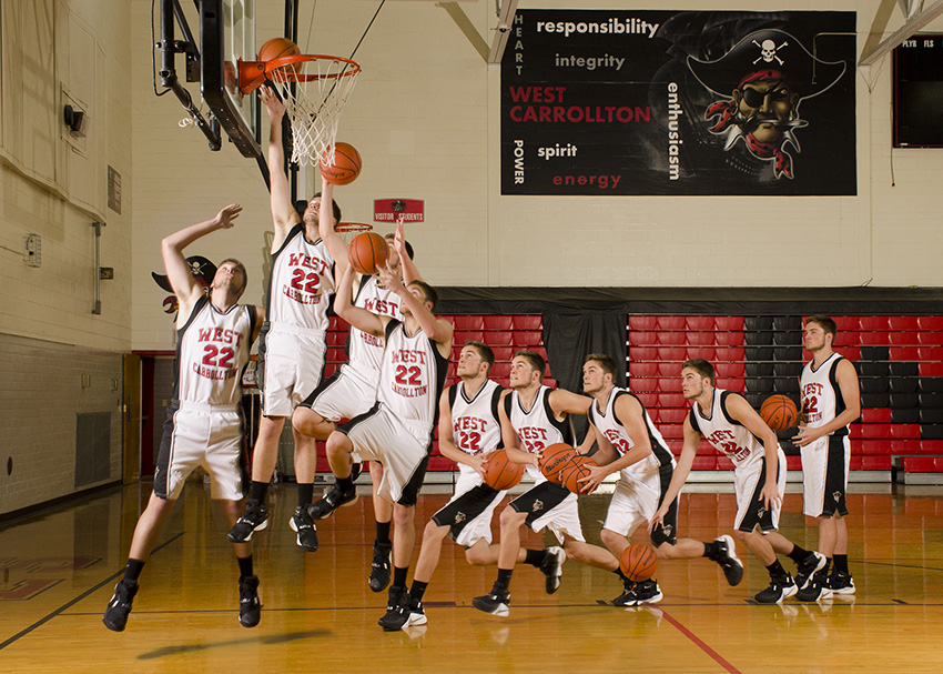 High school basketball player layup