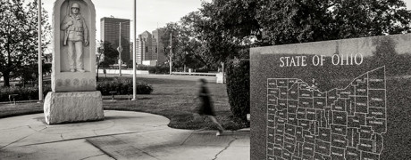 Black & White photograph of Downtown Dayton, Korean War Memorial