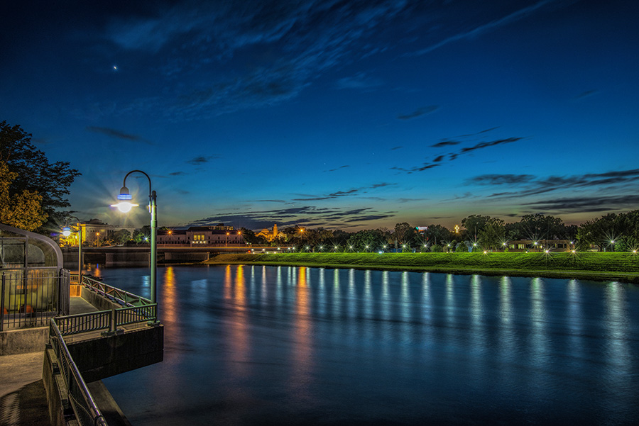 Miami river downtown Dayton at night with Grandview hospital by Dan Cleary