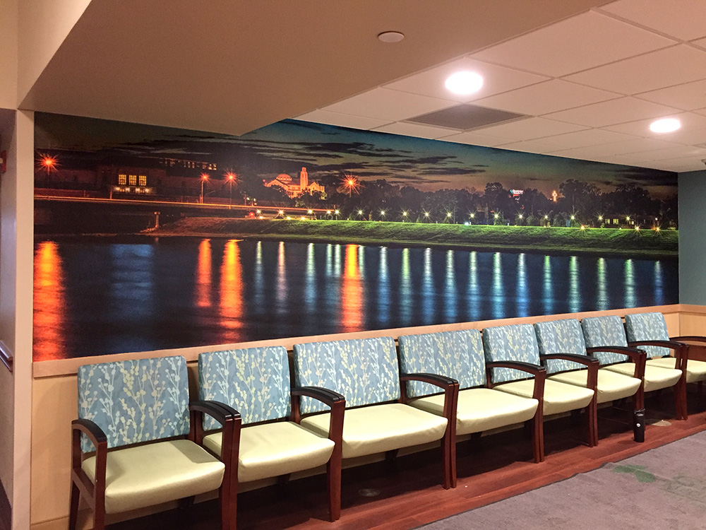 mural photograph in Grandview Hospital waiting room of Miami river in Downtown Dayton by Dan Cleary of Cleary Creative Photography