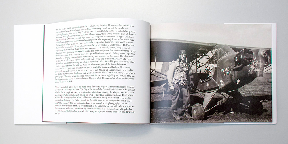 Frank Cleary standing by WWII plane in Wright Brothers book by Dan Cleary in Dayton Ohio