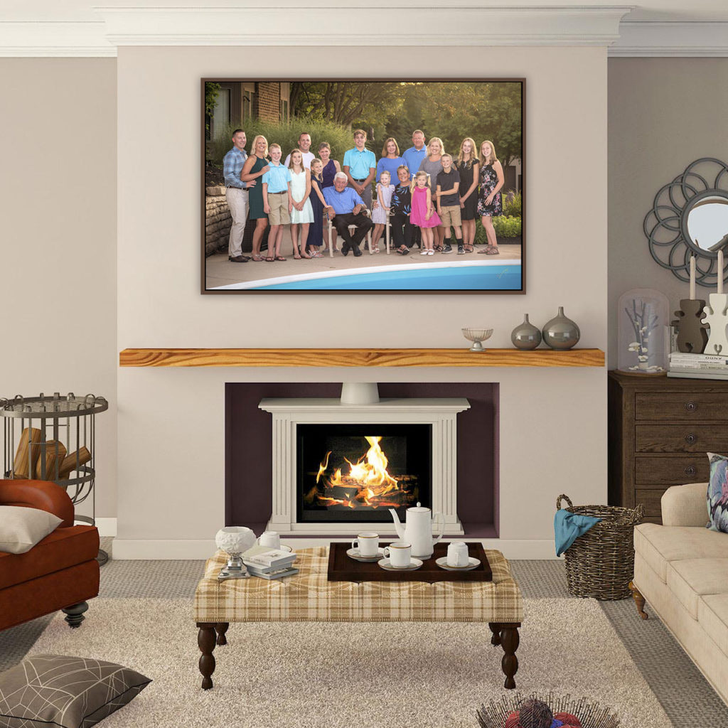 Framed family portrait on living room wall by Dan Cleary
